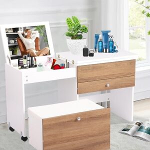 SAMERY Makeup Vanity Desk with Mirror and Drawers, Flip Top Vanity Table Set with Storage Cushioned Stool, 4 in 1 Wood Dressing Table for Women Girls for Bedroom, Short, White