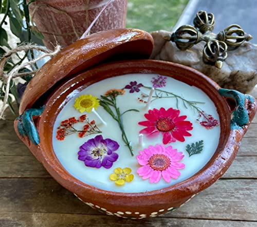 Frida Garden Cazuelita Candle Up Cycle Mexican Pottery Candle Bowl with Lid