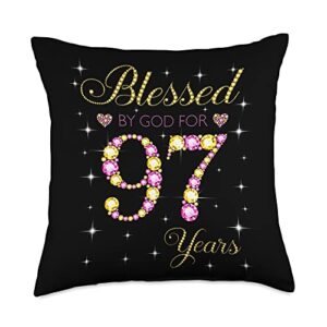 blessed by god 97th birthday gift for ladies blessed by god for 97 years old 97th birthday gift for women throw pillow, 18x18, multicolor