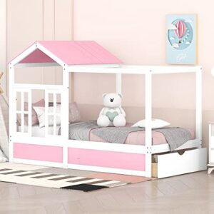woanke twin size house bed for kids, montessori playhouse bed, solid wood twin platform bed frame with storage drawers, roof and window, pink
