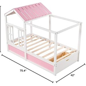 Woanke Twin Size House Bed for Kids, Montessori Playhouse Bed, Solid Wood Twin Platform Bed Frame with Storage Drawers, Roof and Window, Pink