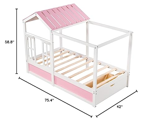 Woanke Twin Size House Bed for Kids, Montessori Playhouse Bed, Solid Wood Twin Platform Bed Frame with Storage Drawers, Roof and Window, Pink