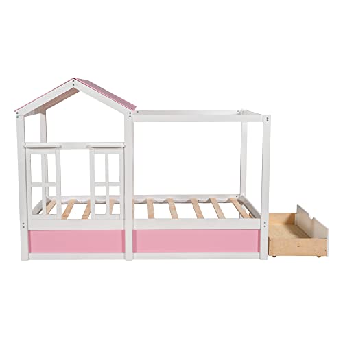 Woanke Twin Size House Bed for Kids, Montessori Playhouse Bed, Solid Wood Twin Platform Bed Frame with Storage Drawers, Roof and Window, Pink