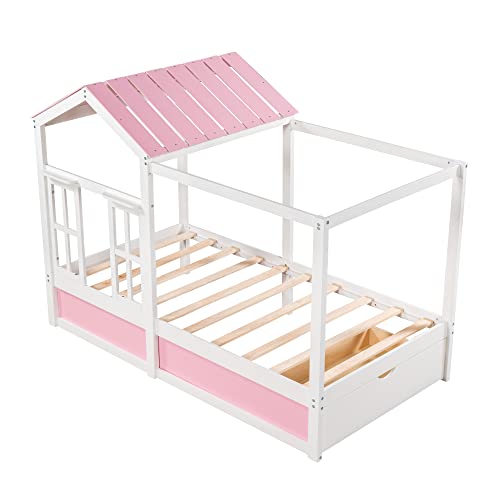 Woanke Twin Size House Bed for Kids, Montessori Playhouse Bed, Solid Wood Twin Platform Bed Frame with Storage Drawers, Roof and Window, Pink