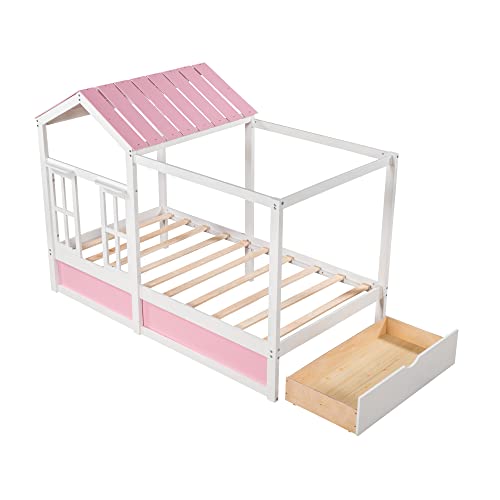 Woanke Twin Size House Bed for Kids, Montessori Playhouse Bed, Solid Wood Twin Platform Bed Frame with Storage Drawers, Roof and Window, Pink