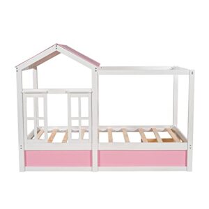 Woanke Twin Size House Bed for Kids, Montessori Playhouse Bed, Solid Wood Twin Platform Bed Frame with Storage Drawers, Roof and Window, Pink