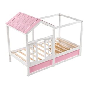 Woanke Twin Size House Bed for Kids, Montessori Playhouse Bed, Solid Wood Twin Platform Bed Frame with Storage Drawers, Roof and Window, Pink