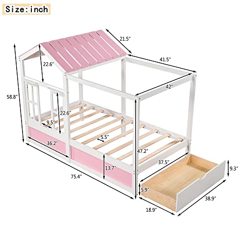 Woanke Twin Size House Bed for Kids, Montessori Playhouse Bed, Solid Wood Twin Platform Bed Frame with Storage Drawers, Roof and Window, Pink