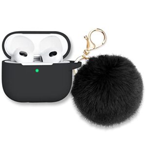 r-fun airpods 3 case cover with pompom keychain, full protective silicone skin accessories for apple airpod 3rd generation 2021 for women men girls boys,front led visible (black)