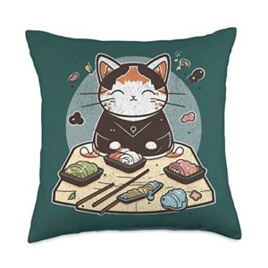 funny cool cat eating sushi kawaii, anime lover, japan fish throw pillow, 18x18, multicolor