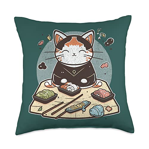 Funny Cool Cat Eating Sushi Kawaii, Anime Lover, Japan Fish Throw Pillow, 18x18, Multicolor