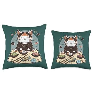 Funny Cool Cat Eating Sushi Kawaii, Anime Lover, Japan Fish Throw Pillow, 18x18, Multicolor