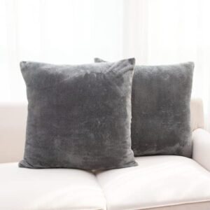 cheer collection microsherpa throw pillow set of 2 for couch, beds, bedroom and living room - ultra soft and fluffy, elegant home decor, velvet stylish accent pillows - 18" x 18", gray