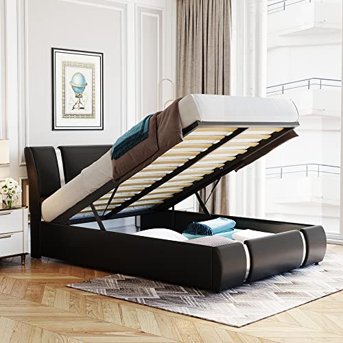 Full Size Upholstered Platform Bed, Modern Platform Bed with Faux Leather Headboard and a Hydraulic Storage System, No Box Spring Needed (Black)