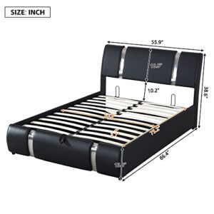 Full Size Upholstered Platform Bed, Modern Platform Bed with Faux Leather Headboard and a Hydraulic Storage System, No Box Spring Needed (Black)