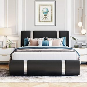 Full Size Upholstered Platform Bed, Modern Platform Bed with Faux Leather Headboard and a Hydraulic Storage System, No Box Spring Needed (Black)