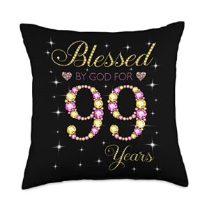 blessed by god 99th birthday gift for ladies blessed by god for 99 years old 99th birthday gift for women throw pillow, 18x18, multicolor