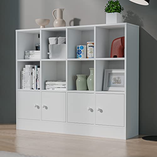 Cozy Castle White Bookshelf with 12 Cubes and 4 Doors, 2-Tier Open Shelf Bookcase with Anti-Tilt Device for Bedroom, Living Room