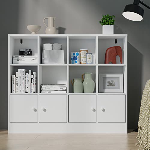 Cozy Castle White Bookshelf with 12 Cubes and 4 Doors, 2-Tier Open Shelf Bookcase with Anti-Tilt Device for Bedroom, Living Room