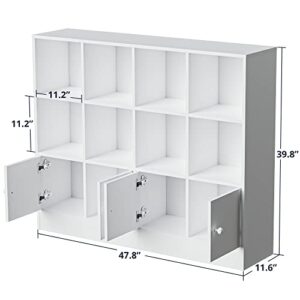 Cozy Castle White Bookshelf with 12 Cubes and 4 Doors, 2-Tier Open Shelf Bookcase with Anti-Tilt Device for Bedroom, Living Room