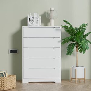 cozy castle 5 drawer chest, mid century nightstand with cutout handle, accent drawer dresser, wood storage cabinet with drawers for bedroom living room home office entry, white