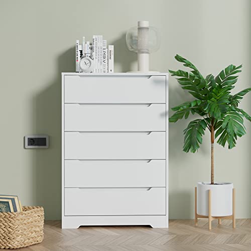 Cozy Castle 5 Drawer Chest, Mid Century Nightstand with Cutout Handle, Accent Drawer Dresser, Wood Storage Cabinet with Drawers for Bedroom Living Room Home Office Entry, White