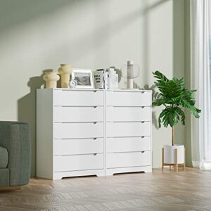 Cozy Castle 5 Drawer Chest, Mid Century Nightstand with Cutout Handle, Accent Drawer Dresser, Wood Storage Cabinet with Drawers for Bedroom Living Room Home Office Entry, White