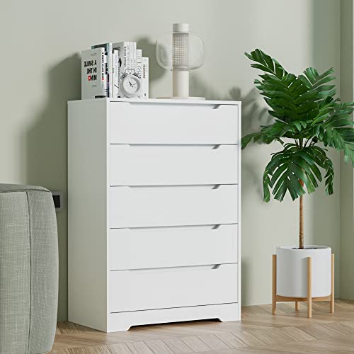 Cozy Castle 5 Drawer Chest, Mid Century Nightstand with Cutout Handle, Accent Drawer Dresser, Wood Storage Cabinet with Drawers for Bedroom Living Room Home Office Entry, White