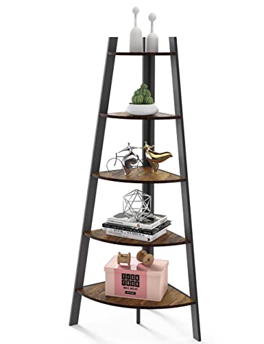 MiTechPro 63" Tall Corner Shelf, 5 Tier Industrial Corner Bookshelf Bookcase Rustic Corner Ladder Shelf Plant Stand for Living Room, Kitchen, Home Offie