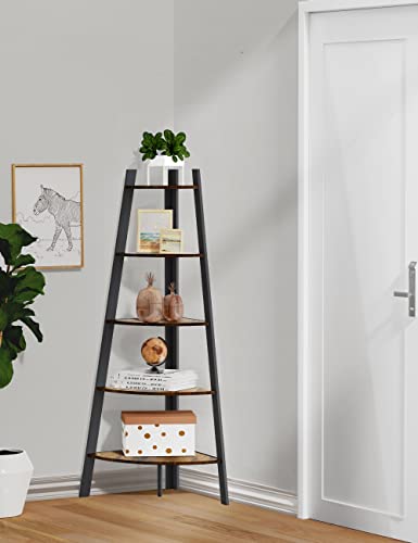 MiTechPro 63" Tall Corner Shelf, 5 Tier Industrial Corner Bookshelf Bookcase Rustic Corner Ladder Shelf Plant Stand for Living Room, Kitchen, Home Offie