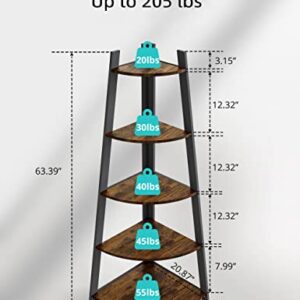 MiTechPro 63" Tall Corner Shelf, 5 Tier Industrial Corner Bookshelf Bookcase Rustic Corner Ladder Shelf Plant Stand for Living Room, Kitchen, Home Offie