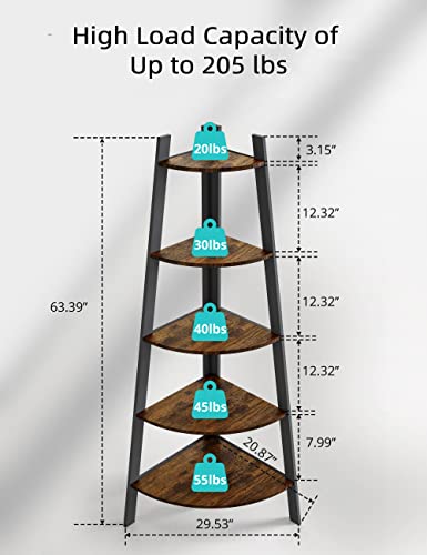 MiTechPro 63" Tall Corner Shelf, 5 Tier Industrial Corner Bookshelf Bookcase Rustic Corner Ladder Shelf Plant Stand for Living Room, Kitchen, Home Offie