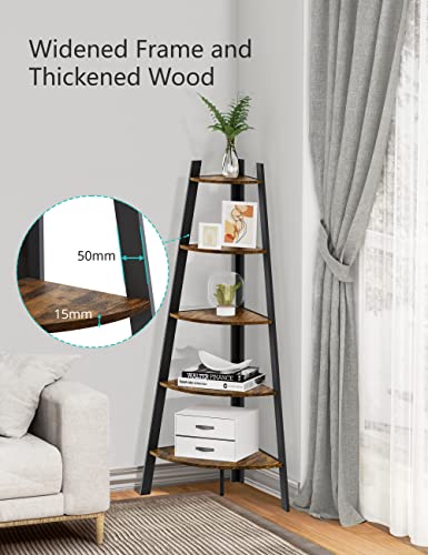 MiTechPro 63" Tall Corner Shelf, 5 Tier Industrial Corner Bookshelf Bookcase Rustic Corner Ladder Shelf Plant Stand for Living Room, Kitchen, Home Offie