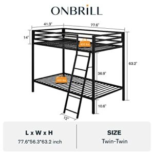 ONBRILL Metal Bunk Bed Twin Size, Teenage Bed with Ladder, Safety Full-Length Guardrail, Space Saving/No Box Spring/Noiseless/Black