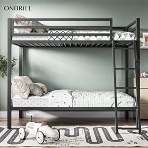 ONBRILL Metal Bunk Bed Twin Size, Teenage Bed with Ladder, Safety Full-Length Guardrail, Space Saving/No Box Spring/Noiseless/Black