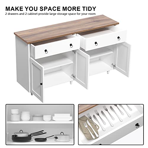 Buffet Cabinet Storage Sideboard with 2 Drawers and 4 Doors, 55" Modern Coffee Bar Cabinet with Storage, Credenza Kitchen Buffets Sideboards Cabinet Console Table for Dining Living Room, White