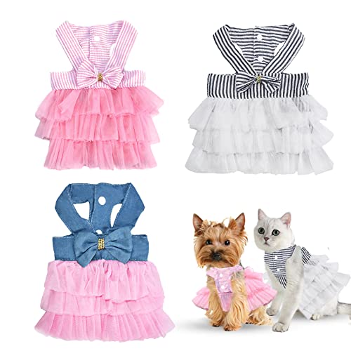 Pet Dog Dress Puppy Cats Tutu Fancy Cute Striped Mesh Vest Princess Petite Doggy Bowknot Dresses for Pomeranian Chihuahua Small Breed Dogs Skirt Puppies Clothes Supplies(Pink/Blue/Denim S)