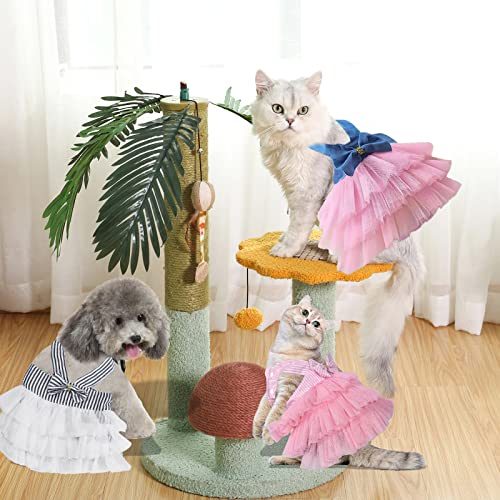 Pet Dog Dress Puppy Cats Tutu Fancy Cute Striped Mesh Vest Princess Petite Doggy Bowknot Dresses for Pomeranian Chihuahua Small Breed Dogs Skirt Puppies Clothes Supplies(Pink/Blue/Denim S)