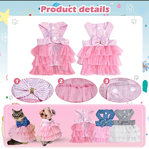 Pet Dog Dress Puppy Cats Tutu Fancy Cute Striped Mesh Vest Princess Petite Doggy Bowknot Dresses for Pomeranian Chihuahua Small Breed Dogs Skirt Puppies Clothes Supplies(Pink/Blue/Denim S)