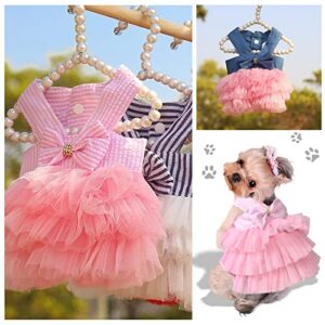 Pet Dog Dress Puppy Cats Tutu Fancy Cute Striped Mesh Vest Princess Petite Doggy Bowknot Dresses for Pomeranian Chihuahua Small Breed Dogs Skirt Puppies Clothes Supplies(Pink/Blue/Denim S)