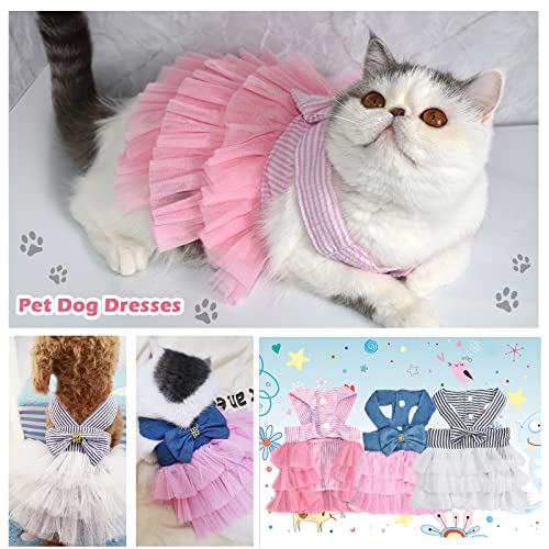 Pet Dog Dress Puppy Cats Tutu Fancy Cute Striped Mesh Vest Princess Petite Doggy Bowknot Dresses for Pomeranian Chihuahua Small Breed Dogs Skirt Puppies Clothes Supplies(Pink/Blue/Denim S)