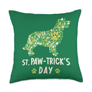 lucky green four leaf clover dog owners vintage funny st patrick's day golden retriever shamrock dog paw fun throw pillow, 18x18, multicolor