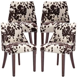 dm furniture mid century modern dining chairs set of 4 upholstered velvet accent chairs wooden side chair for living room/dining room/bedroom, cowhide print