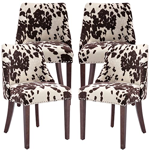 DM Furniture Mid Century Modern Dining Chairs Set of 4 Upholstered Velvet Accent Chairs Wooden Side Chair for Living Room/Dining Room/Bedroom, Cowhide Print