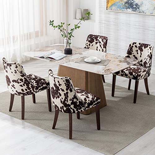 DM Furniture Mid Century Modern Dining Chairs Set of 4 Upholstered Velvet Accent Chairs Wooden Side Chair for Living Room/Dining Room/Bedroom, Cowhide Print