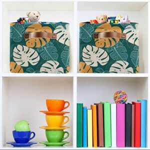ALAZA Tropical Leaves and Bright Plants on Green Storage Basket for Shelves for Organizing Closet Shelf Nursery Toy, Fabric Collapsible Storage Organizer Bins Decorative Baskets with Handles Cubes