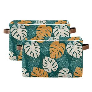 ALAZA Tropical Leaves and Bright Plants on Green Storage Basket for Shelves for Organizing Closet Shelf Nursery Toy, Fabric Collapsible Storage Organizer Bins Decorative Baskets with Handles Cubes