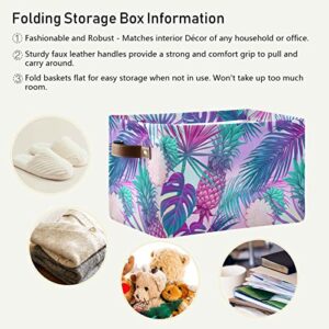 ALAZA Tropical Purple Pineapples and Palm Leaves Storage Basket for Shelves for Organizing Closet Shelf Nursery Toy, Fabric Collapsible Storage Organizer Bins Decorative Baskets with Handles Cubes