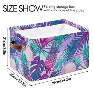 ALAZA Tropical Purple Pineapples and Palm Leaves Storage Basket for Shelves for Organizing Closet Shelf Nursery Toy, Fabric Collapsible Storage Organizer Bins Decorative Baskets with Handles Cubes
