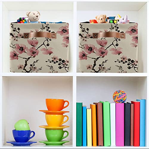 ALAZA Cherry Blossom Flowers Storage Basket for Shelves for Organizing Closet Shelf Nursery Toy, Fabric Collapsible Storage Organizer Bins Decorative Baskets with Handles Cubes